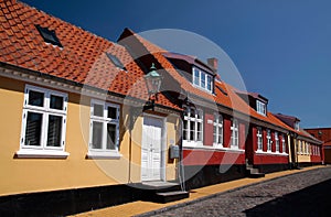 Yellow and red houses in Roenne on Bornholm