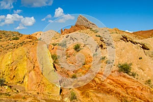 Yellow and red mountain in Asia at rock formation erosion valley