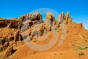 Yellow and red mountain in Asia at rock formation erosion valley