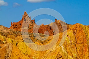 Yellow and red mountain valley canyon in Kirgyzstan