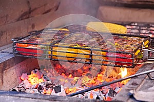 Yellow and red peppers broils in barbecue