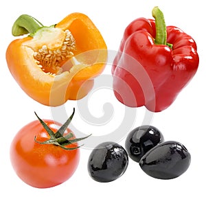Yellow and red peppers, tomato and black olives