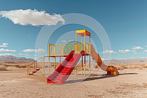 A yellow and red play set stands alone in the vast landscape of the desert, under the scorching sun, A playground isolated in the