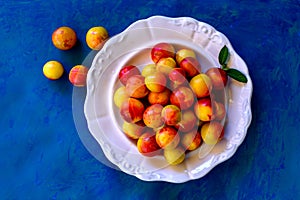 yellow-red plums on a white plate on blue background