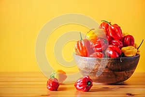 Yellow and red scotch bonnet chili peppers in wooden bowl over orange background. Copy space.