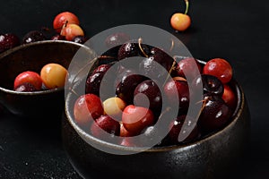 Yellow and red sweet cherries. Fresh ripe sour cherries.