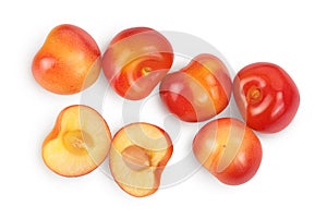 Yellow-red sweet cherry isolated on white background with clipping path . Top view. Flat lay