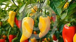 Yellow and red sweet peppers , greenhouse vegetables background