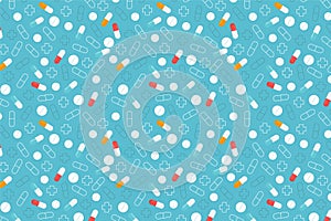 Yellow, red and white pills pattern. Blue medical background