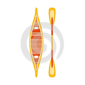 Yellow And Red Woden Canoe With Peddle, Part Of Boat And Water Sports Series Of Simple Flat Vector Illustrations