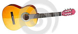 Yellow red wooden classic new acoustic guitar traditional rock music string instrument isolated white background