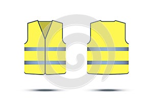 Yellow reflective safety vest isolated on white background. Vector front and back yellow vest.