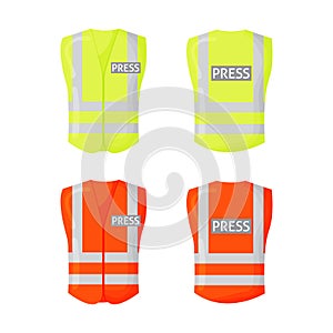 Yellow reflective safety vest for people. Text - press. Protective uniform for reporter, front and back view.