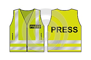Yellow reflective safety vest for people. Text - press. Protective uniform for reporter, front and back view. Fluorescent uniform