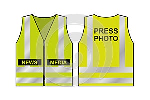 Yellow reflective safety vest with text - news media, press photo. Protective uniform for reporter or photographer