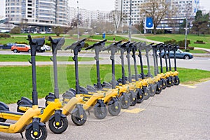 Yellow rental electric scooters stand in a row