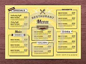 Yellow Restaurant menu template. Food menu placemat