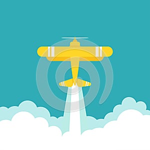Yellow retro airplane or aeroplane flies in sky with clouds. Flat old vintage aircraft