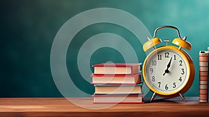 Yellow retro alarm clock, stack of books on wooden table on a blurred green school board background, back to school concept