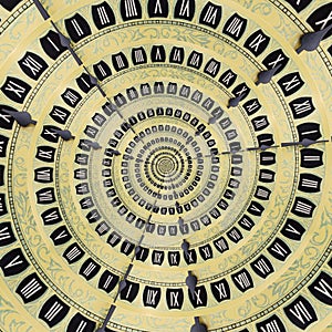 Yellow retro old clock spiral abstract background. Antique clock fractal background. Time spiral surreal clock