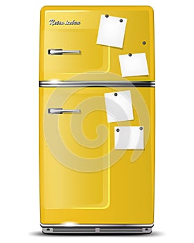Yellow retro refrigerator with paper stickies