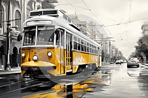 A yellow retro tram traverses city street on a rainy day