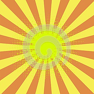 Yellow Retro Vintage Halftone Style Background with Sun Rays. Pop Art Design Texture. Star Explosion Template