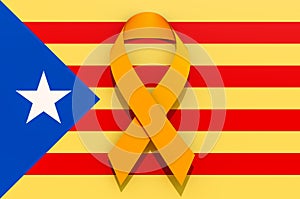 Yellow ribbon on the Catalonian flag. Catalonia independence con