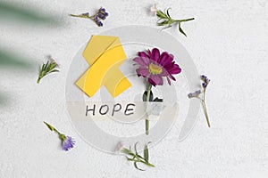 Yellow ribbon with flowers and the inscription: Hope on a white stone background.