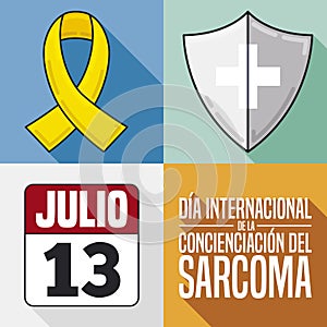 Yellow Ribbon, Shield, Calendar and Greeting for International Sarcoma Awareness Day, Vector Illustration
