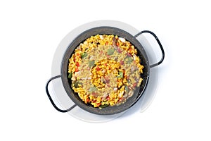Yellow rice with chicken and vegetables isolated on white background.
