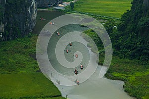 Yellow rice field on Ngo river in Tam Coc Bich from mountain top view in Ninh Binh