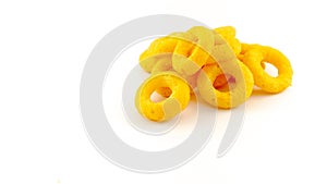 yellow ring snack cheese flavor isolated white background