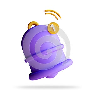 Yellow ringing bell icon, notification bell with one new message, social media reminder. 3d rendering illustration