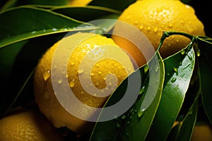 Yellow ripe lemon with green leaves