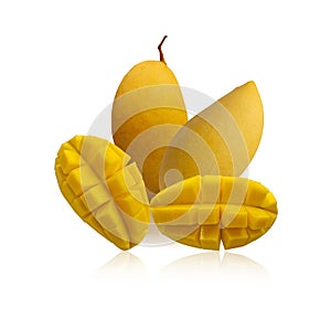 Yellow ripe mangoes fruits isolated on white background, two round and two sliced die cut with clipping path