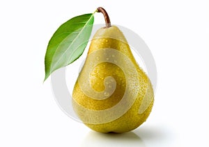 Yellow ripe pear with leaf on white background.Macro.AI Generative