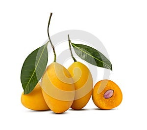 Yellow ripe Plum mango fruit with green leaf or Marian plum