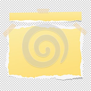 Yellow ripped notebook paper sheets, note for text or message stuck on squared gray background.