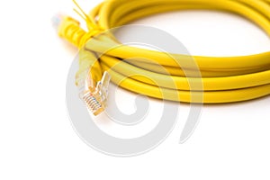 Yellow RJ45 computer network connecting cable with clipping path