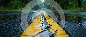 Yellow road with puddles in rain photo