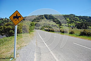 Yellow road sign horseriding New Zealand