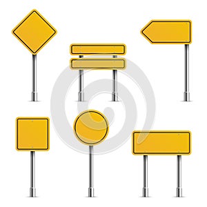 Yellow road signs. Empty traffic highway speed street metal sign collection, stop safety boards, blank hazard forbidden and