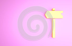 Yellow Road traffic sign. Signpost icon isolated on pink background. Pointer symbol. Isolated street information sign