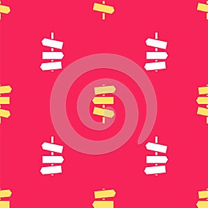 Yellow Road traffic sign. Signpost icon isolated seamless pattern on red background. Pointer symbol. Street information