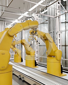 Yellow robot arms in a production line over a conveyor belt in a factory. Automated manufacturing