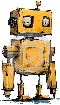 A yellow robot with big eyes, made of metal, in an engineering art style