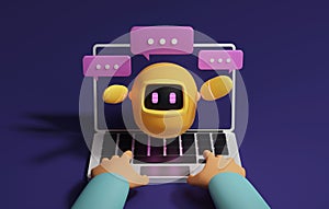 Yellow robot with bright conversational technology and laptop on purple background