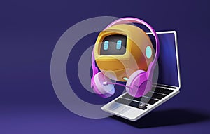 Yellow robot with bright pink headphones conversational technology and smart phone on purple background