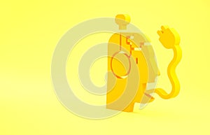 Yellow Robot charging battery icon isolated on yellow background. Artificial intelligence, machine learning, cloud